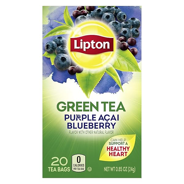 LIPTON GREEN TEA BAGS FLAVORED WITH OTHER NATURAL FLAVORS PURPLE ACAI BLUEBERRY CAN HELP SUPPORT A HEALTHY HEART 1.13 OZ 20 COUNT