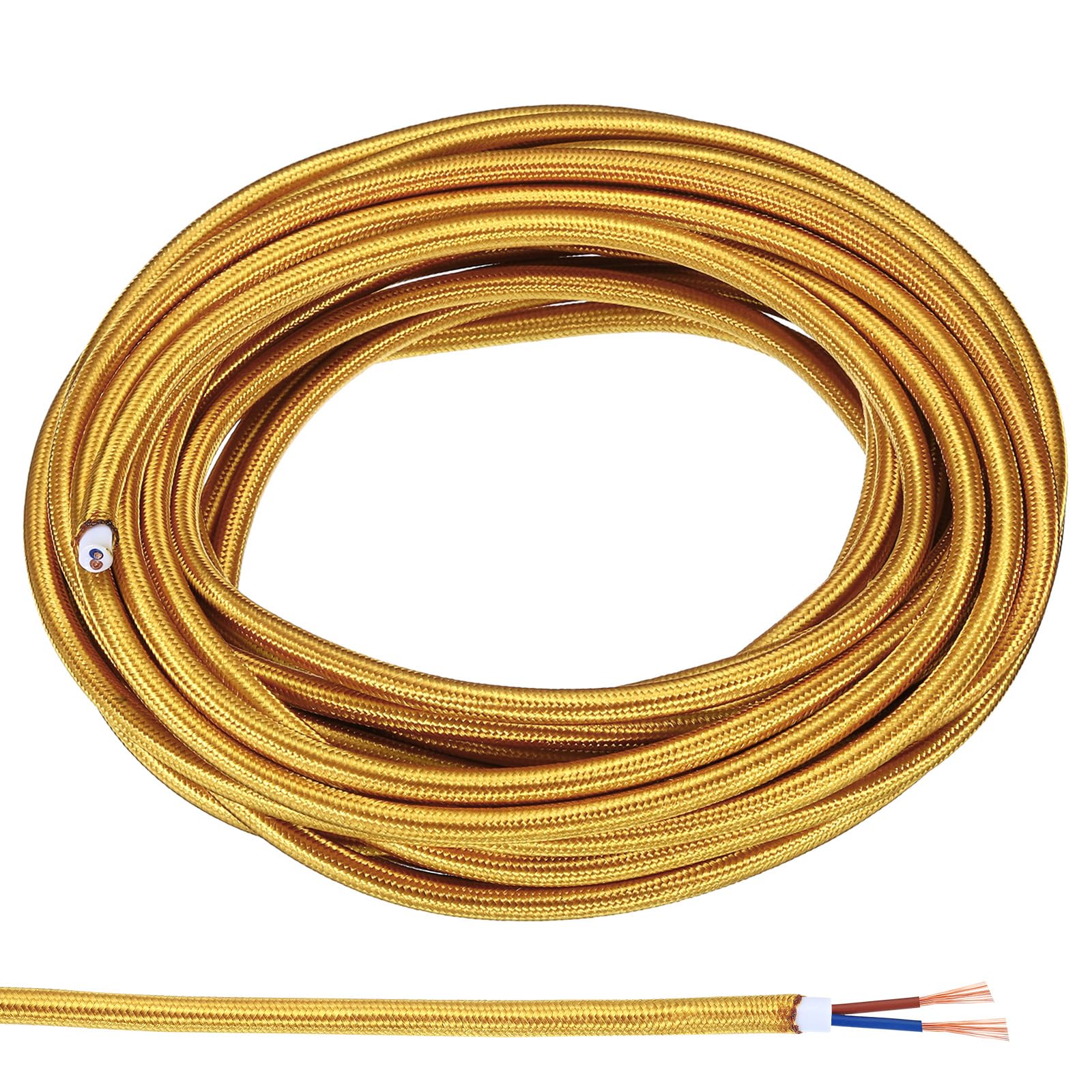 PATIKIL Fabric Cloth Covered Round Wire, 32.8ft 18AWG 2 Core Vintage Woven Electrical Cord for Pendant Light DIY Project, Golden