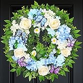 [Lighted & Timer] 24" Spring Summer Wreaths for Front Door Blue Hydrangea Wreath with Lights Butterfly Rose Daisies Artificial Floral Wreath for Home Wall Window Farmhouse Wedding Indoor Outdoor Decor