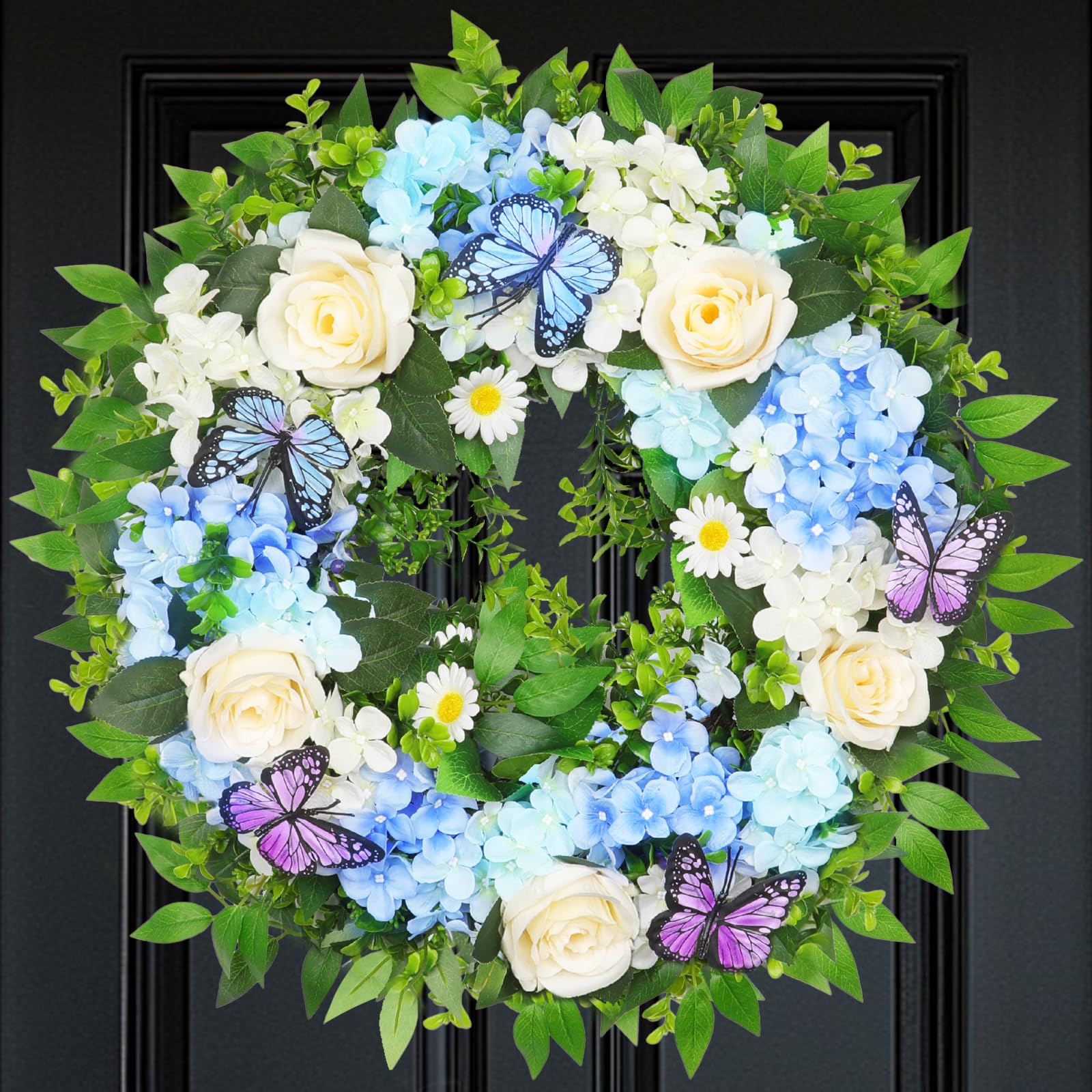 Photo 1 of [Lighted & Timer] 24" Spring Summer Wreaths for Front Door Blue Hydrangea Wreath with Lights Butterfly Rose Daisies Artificial Floral Wreath for Home Wall Window Farmhouse Wedding Indoor Outdoor Decor