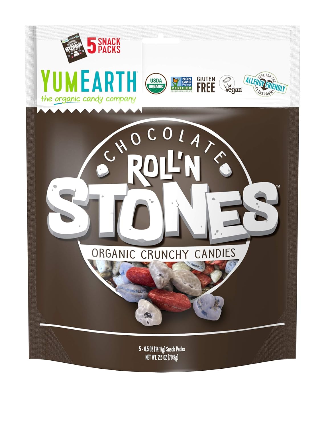 YumEarth Organic Vegan Chocolate Roll'n Stones, 5 Snack Packs per bag, (Pack of 12) - Allergy Friendly, Non GMO, Gluten Free : Grocery & Gourmet Food