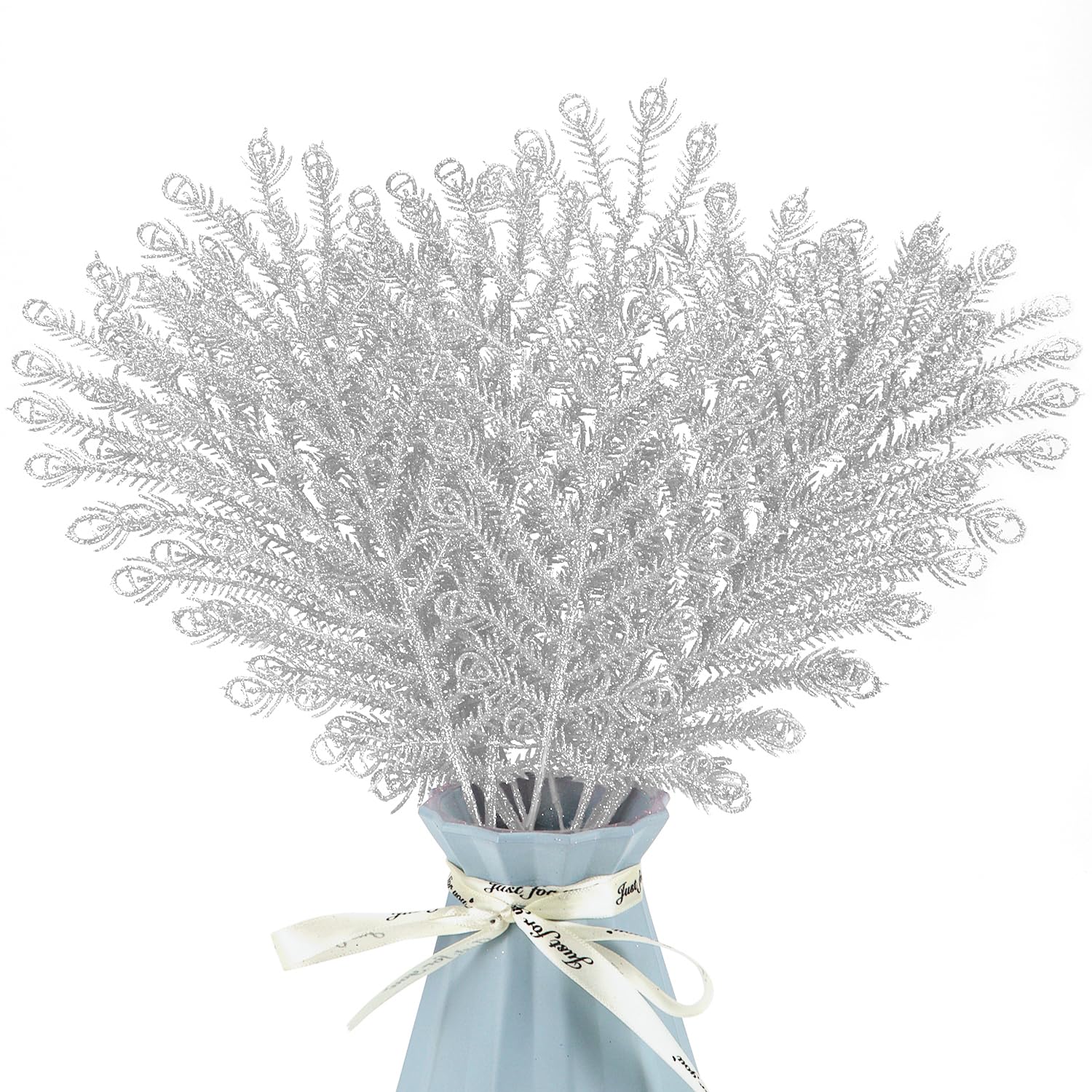 Kunjocy 12 Pcs Christmas Glitter Leaves, Artificial Christmas Floral Picks Faux Floral Plant Decor Christmas Tree Filler Picks for Xmas DIY Wreaths Decorative Wedding Party (Silver)