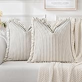 MIULEE Gray Pack of 2 Pillow Covers 18x18 Inch Striped Farmhouse Couch Throw Pillow Covers with Fringe Chic Linen Decorative Cushion Covers for Sofa Living Room Bed Outdoor Home Decor