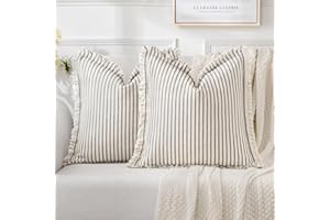 MIULEE Pack of 2 Gray Throw Pillow Covers Striped Farmhouse Couch Cushion Covers with Fringe Linen Decorative Accent Pillowca