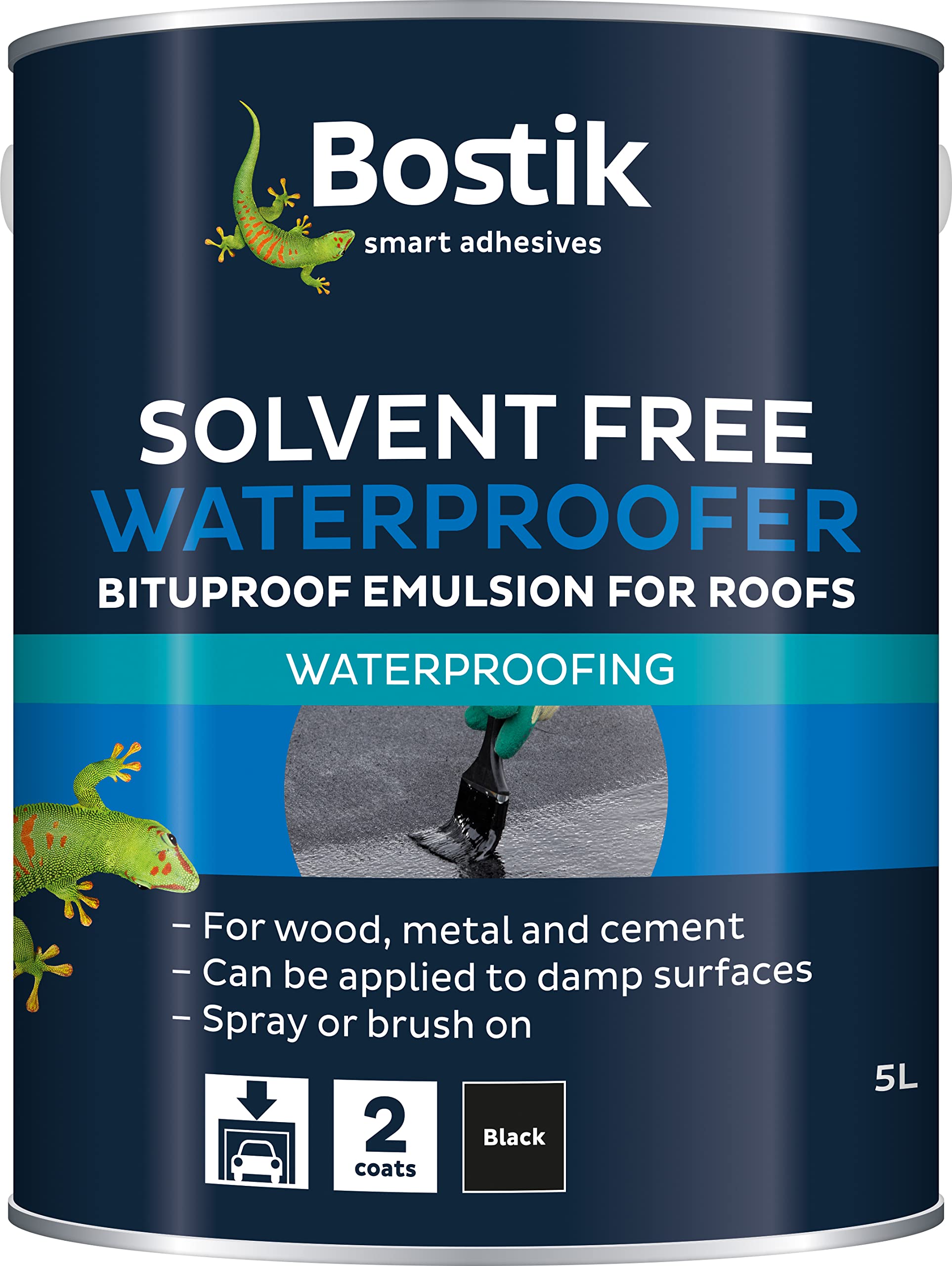 Bostik Solvent Free Waterproofer 5L - Flexible Bitumen Emulsion for use on All Common roof Surfaces - Can Be Applied To Damp Surfaces - Dark Brown in Colour but Dries to Form a Black Finish