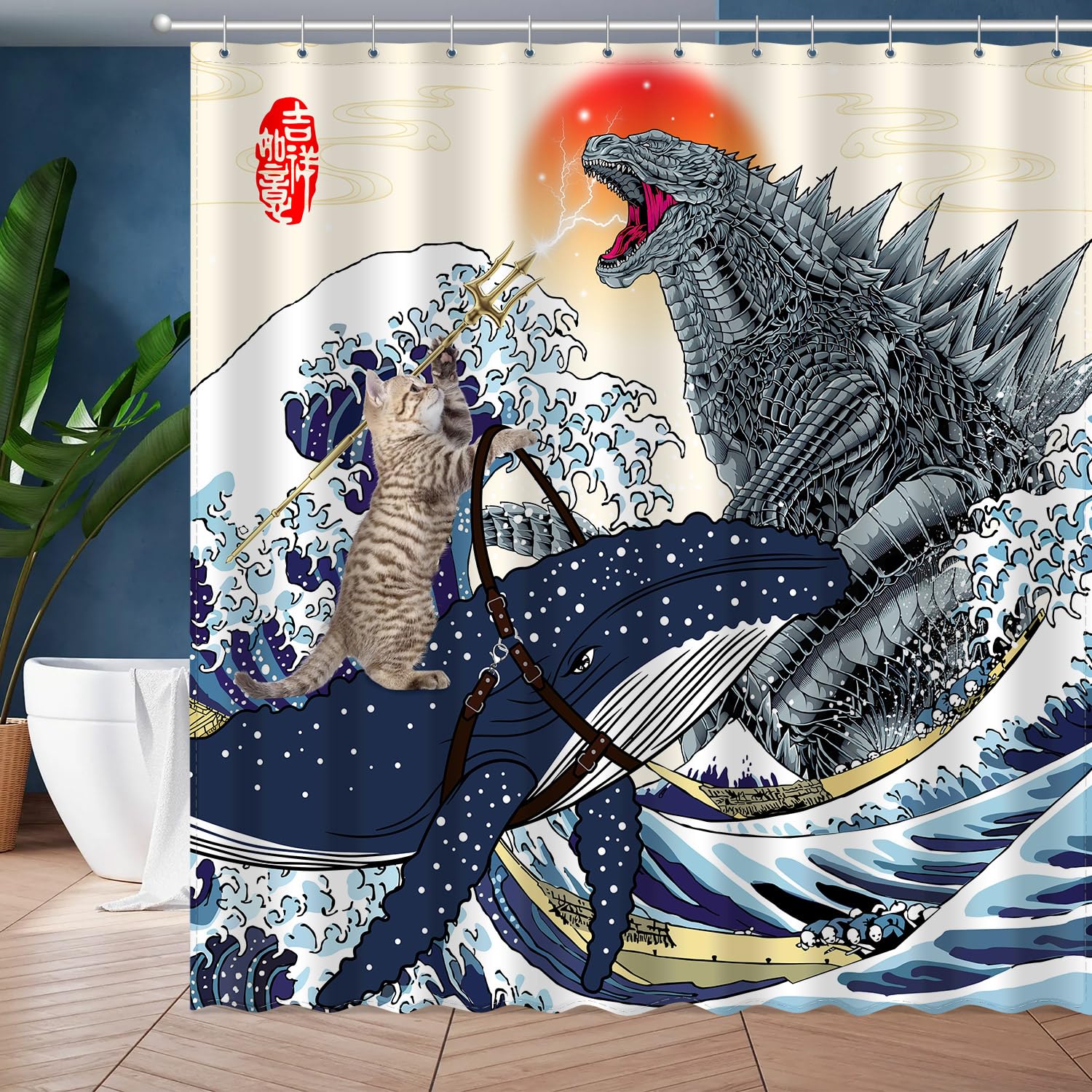 XUXWHWY Cat Riding Whale Vs Dinosaur Monster Shower
