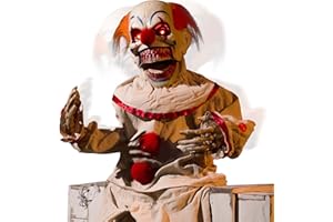 HIPYKAT Scary Clown Halloween Decoration Sound Activated Animatronic Creepy Sound, Light Up LED Eyes, Moving Arms & Head, for Scary Halloween Holiday Decor Prop Indoor/Outdoor, Yard Lawn Decorations