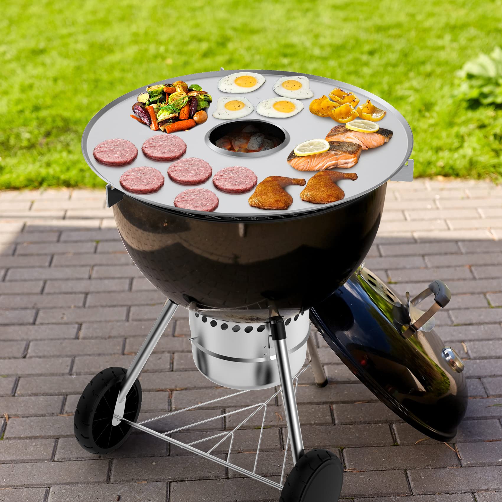 Onlyfire Feuerplatte, BBQ-Disc Edelstahl, Ø 65 cm Grillplatte, Grillring mit Ölauffangrillen, 3 Auflageleiste, Feuerring für Weber Fassgrill, Kugelgrill, Räucherofen, Plancha Gasgrill, BBQ-Platte 8