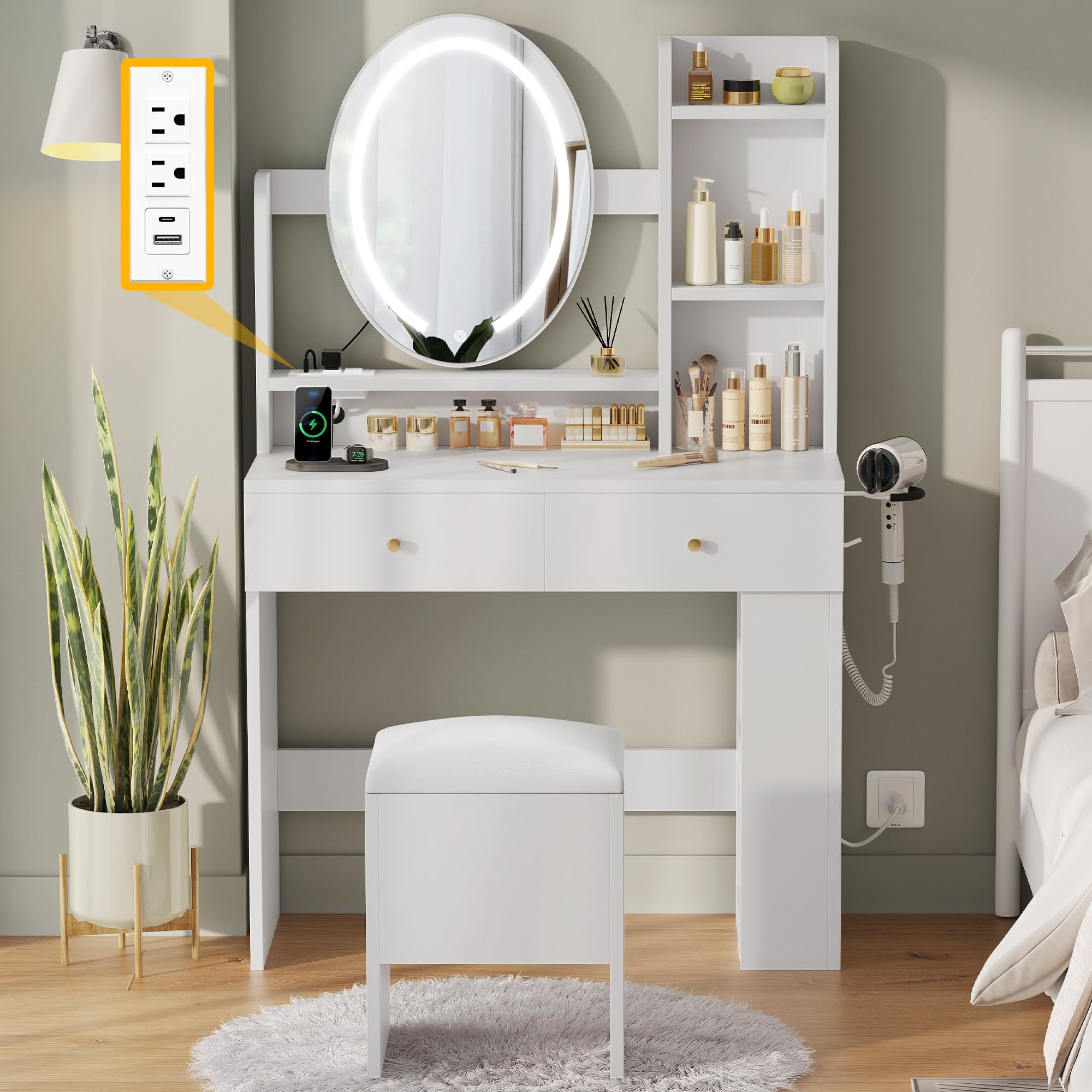 Photo 1 of ***NO MIRROR***DWVO Vanity Desk with Oval Mirror and Lights, Makeup Vanity Table Set with Power Outlets and Chair, Makeup Desk with 3 Drawers and Open Shelves, Dressing Table for Bedroom, 3 Color Light Modes, White