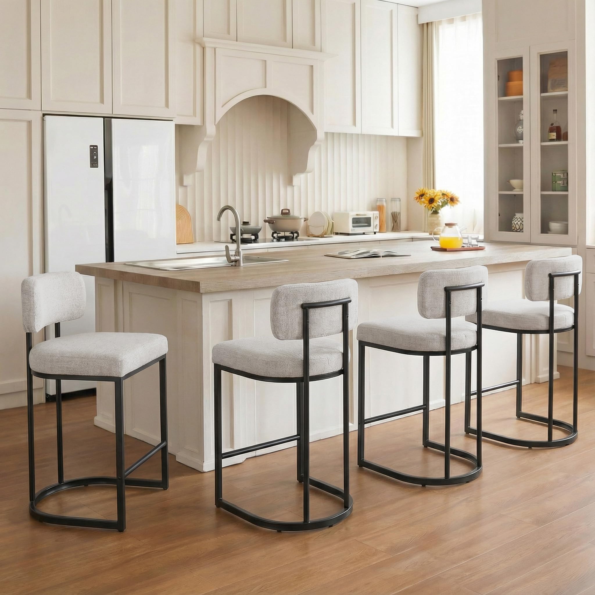 26″ H Counter Height Bar Stools Set of 4, Modern Linen Fabric Upholstered Barstools with Backrest for Kitchen Island, Black Metal Frames, Wheat
