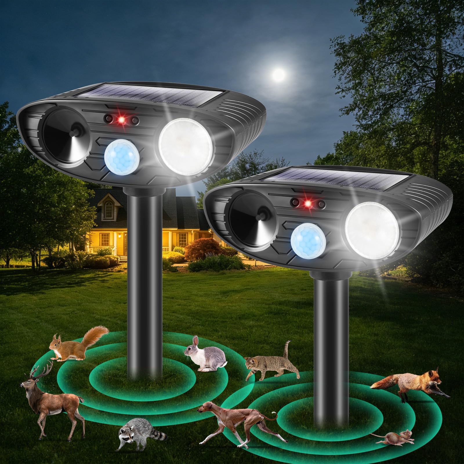 Photo 1 of 2026 Solar Ultrasonic Animal Repellent Outdoor,Deer Repellent Devices Squirrel Cat Raccoon Rabbit Dog Deterrent,Waterproof Motion Detection with Flash Light for Vegetable Garden,Backyard,Lawn 2Pack