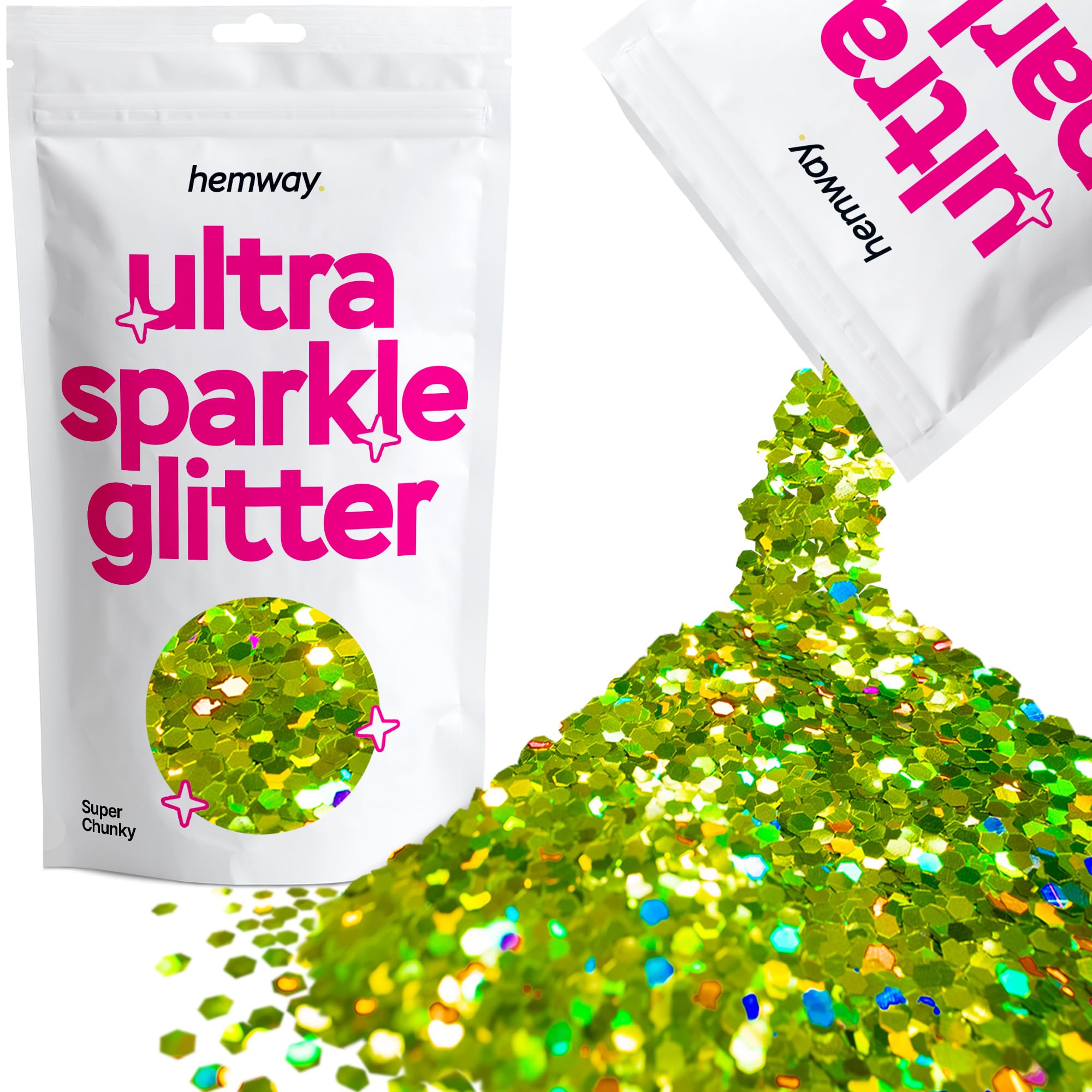 Hemway Ultra Sparkle Glitter Lime Green Holographic 100g Super Chunky | Glitter for Arts & Craft, Makeup, Nail Art, Crafting, Card Making, Sparkle Decoration