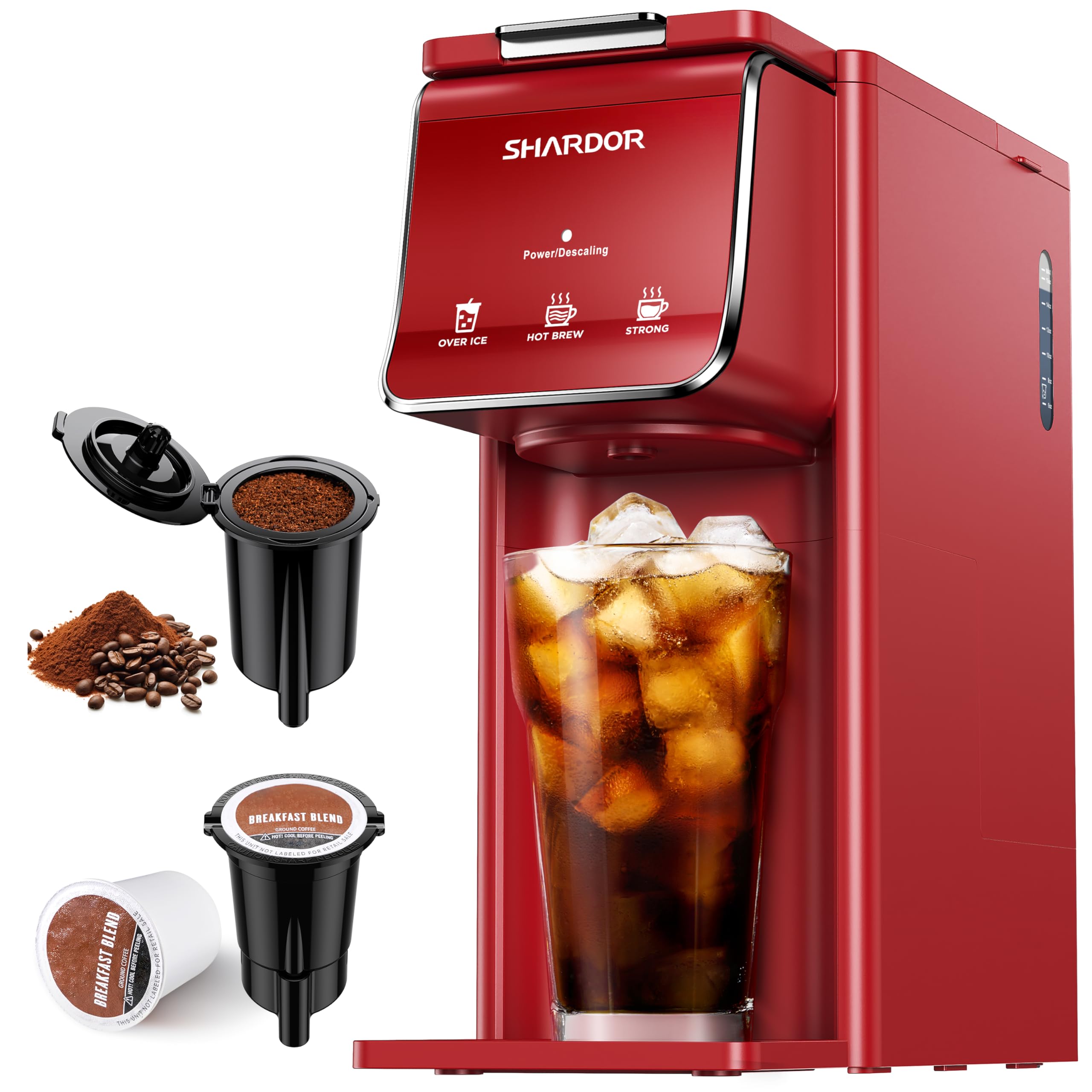 Photo 1 of SHARDOR Hot & Iced Coffee Maker, K Cup Coffee Maker Compatible with Ground Coffee, Single Serve Coffee Machine with Bold Setting, Reusable Filter, Travel Mug Friendly, Compact Design, Red