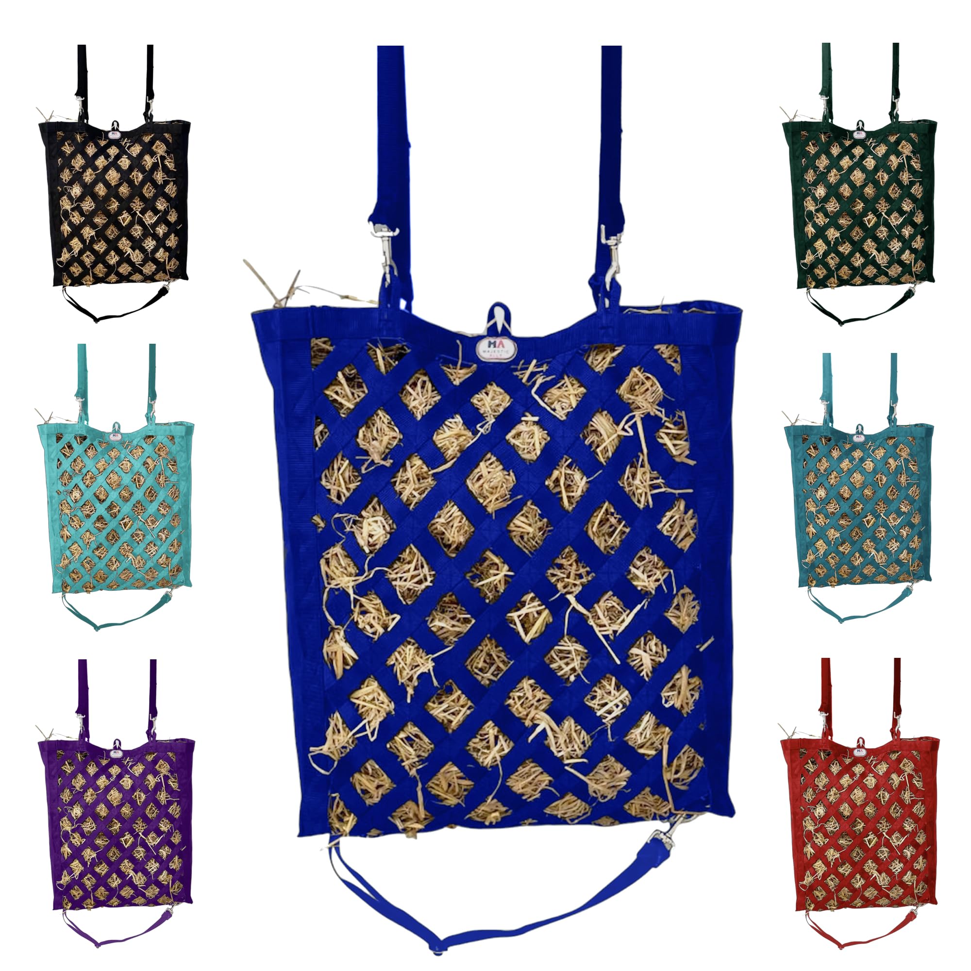 Majestic Ally Premium Nylon Hay Bag for Horses and Livestock, Simulates Grazing, Slow Feeding, Heavy-Duty PP Webbing,Quick-Adjust Straps, Small Hole for Digestion, Multiple Colors (Royal Blue)
