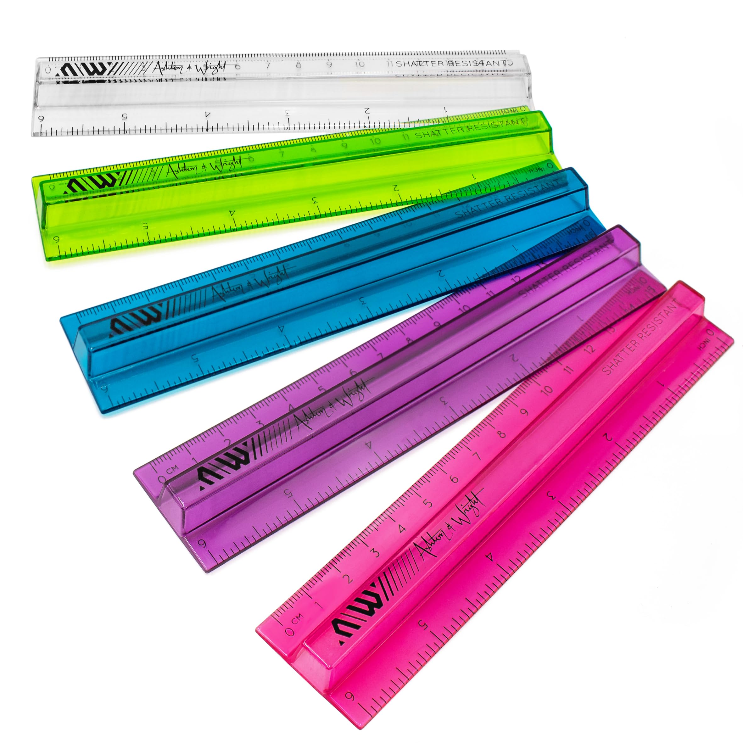 Ashton and Wright - 6 Inch / 15cm Raised Rulers - Shatter Resistant (Pack of 50, Transparent Mixed)