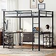 Luckiofvonne Loft Bed Full Size, Metal Loft Bed Frame with Desk and Storage Shelves, Heavy-Duty Kids Loft Beds with Ladder & L-Shape Desk for Boys Girls Teens, Black