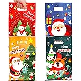 50 Pcs Christmas Gift Bags with Handles - 4 Styles Merry Christmas Trees Santa Claus Snowman Elk Plastic Bulk Treat Tote Cookie Goody Candy Snack Bags for Winter Xmas Holiday Party Decorations Favors