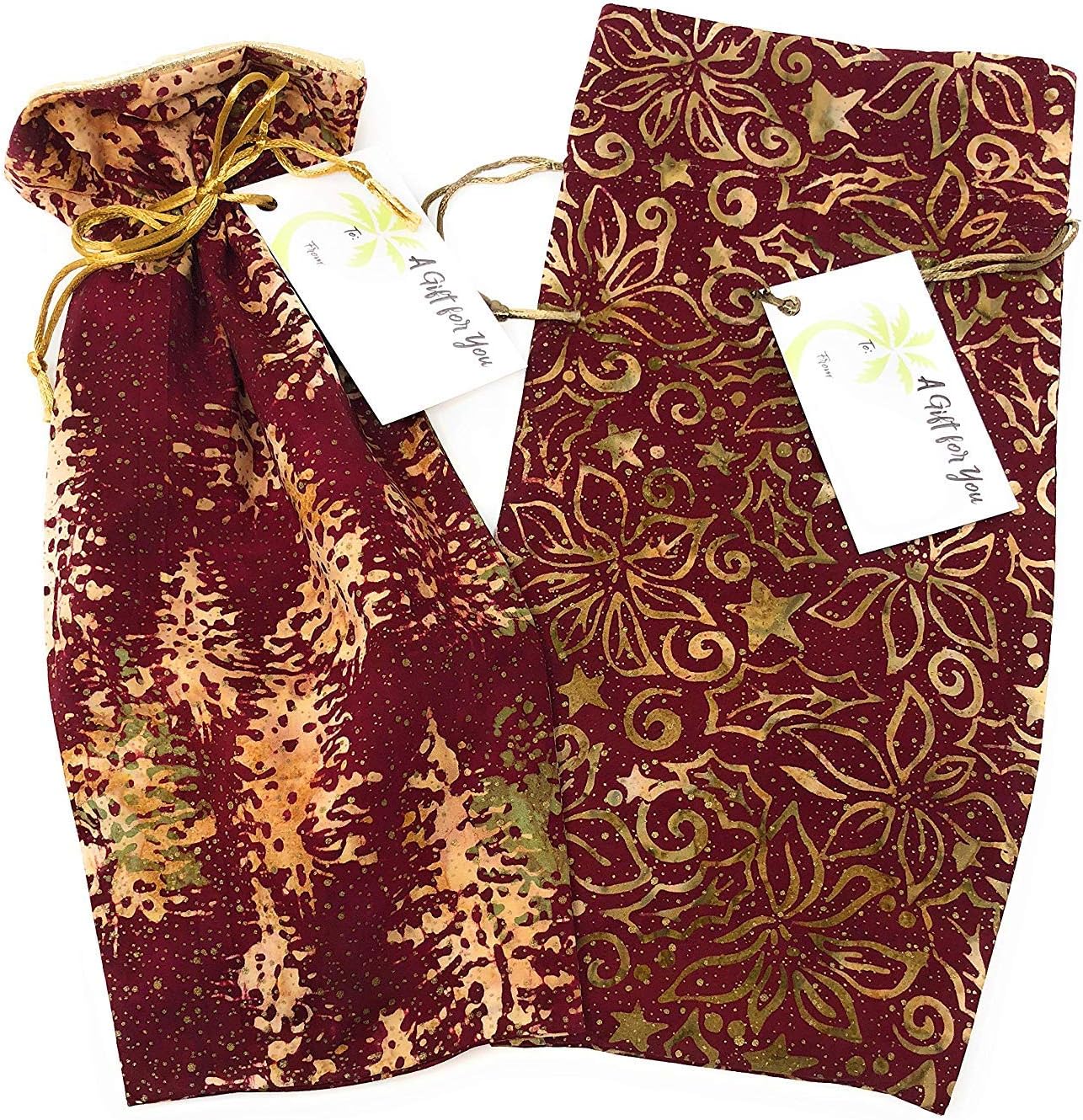 Bali Holiday Fabric- Reusable Drawstring Gift Bag | Eco-friendly Alternative to Paper Giftwrap for Wine Bottle | Birthday Anniversary New Home | Cotton Cloth, Fully-lined Lamé, Med. 13.25”x6" (2-pack)