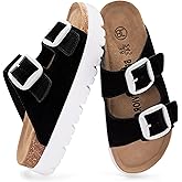 Brelzo Calvior Women's Platform Suede Sandals Summer Slides with Adjustable Buckle Beach Essentials Open-Toe Shoes for Indoor Outdoor Use, A Black Size 9.5