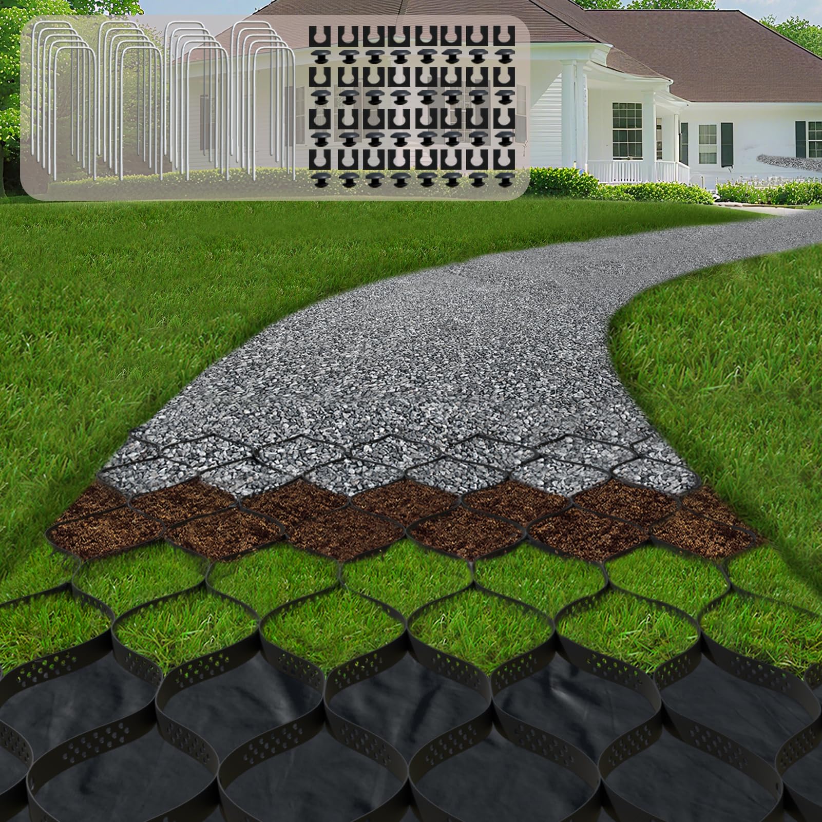 Photo 1 of 2" Thick Gravel Ground Grid 6.5ft x 33ft - Geo Grid Driveway Stabilization Grids, Gravel Retainer Grid 1885 LBS Per Sq ft, Geocell Geogrid for Walkway Driving RV Parking Slopes and Garden