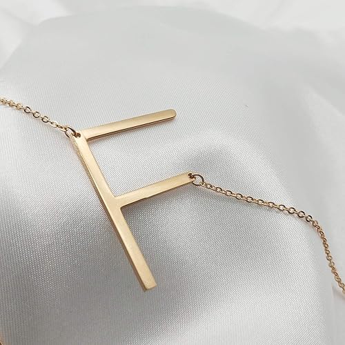MOMOL Sideways Initial Necklace 18K Gold Plated Stainless Steel Large Big  Letters F Pendant Necklace Script Na