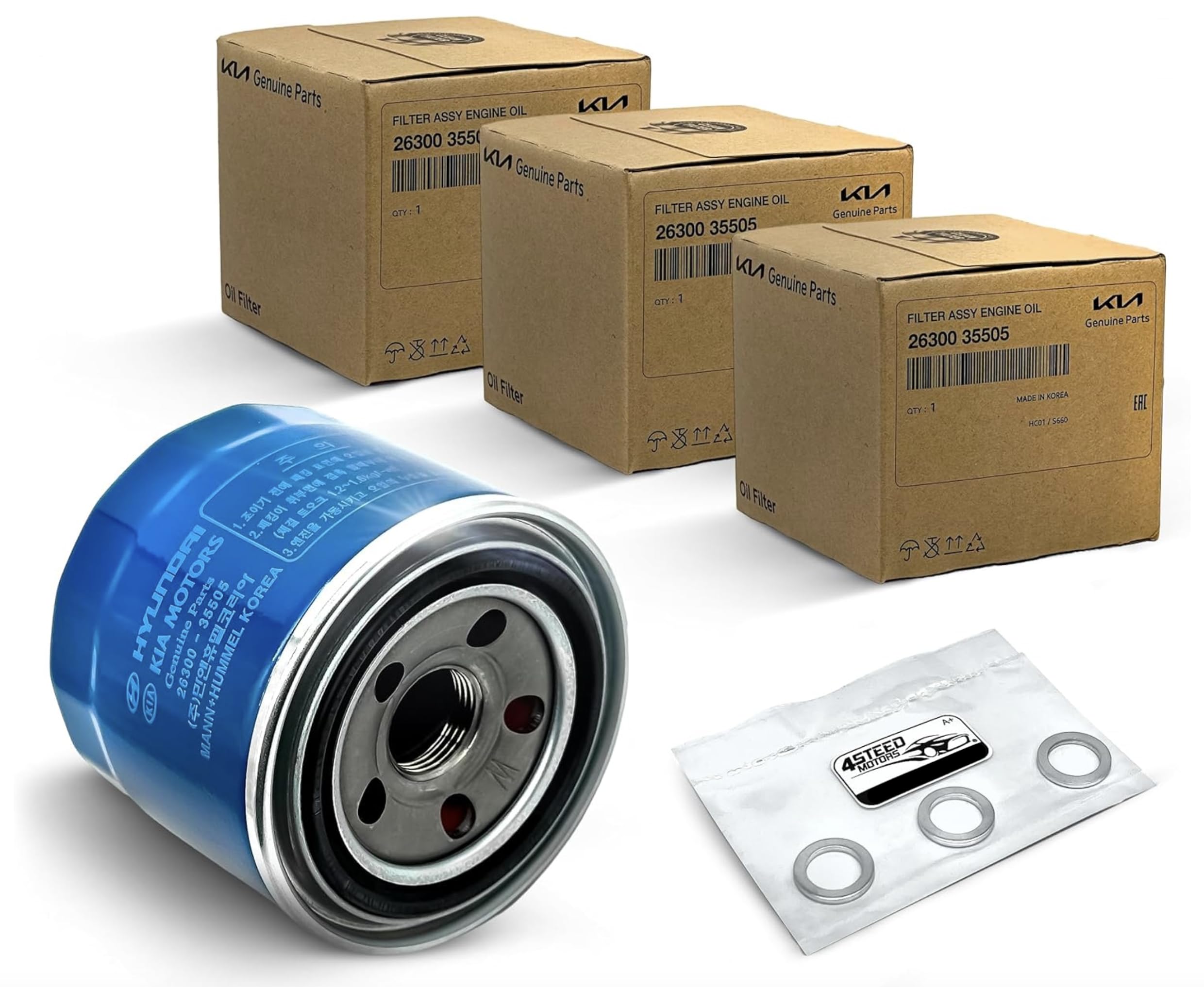 Photo 1 of Set of 3 Genuine OEM Engine Oil Filter 26300-35505-ST and Drain Plug Gasket 21513-23001 fit for Hyundai, Kia