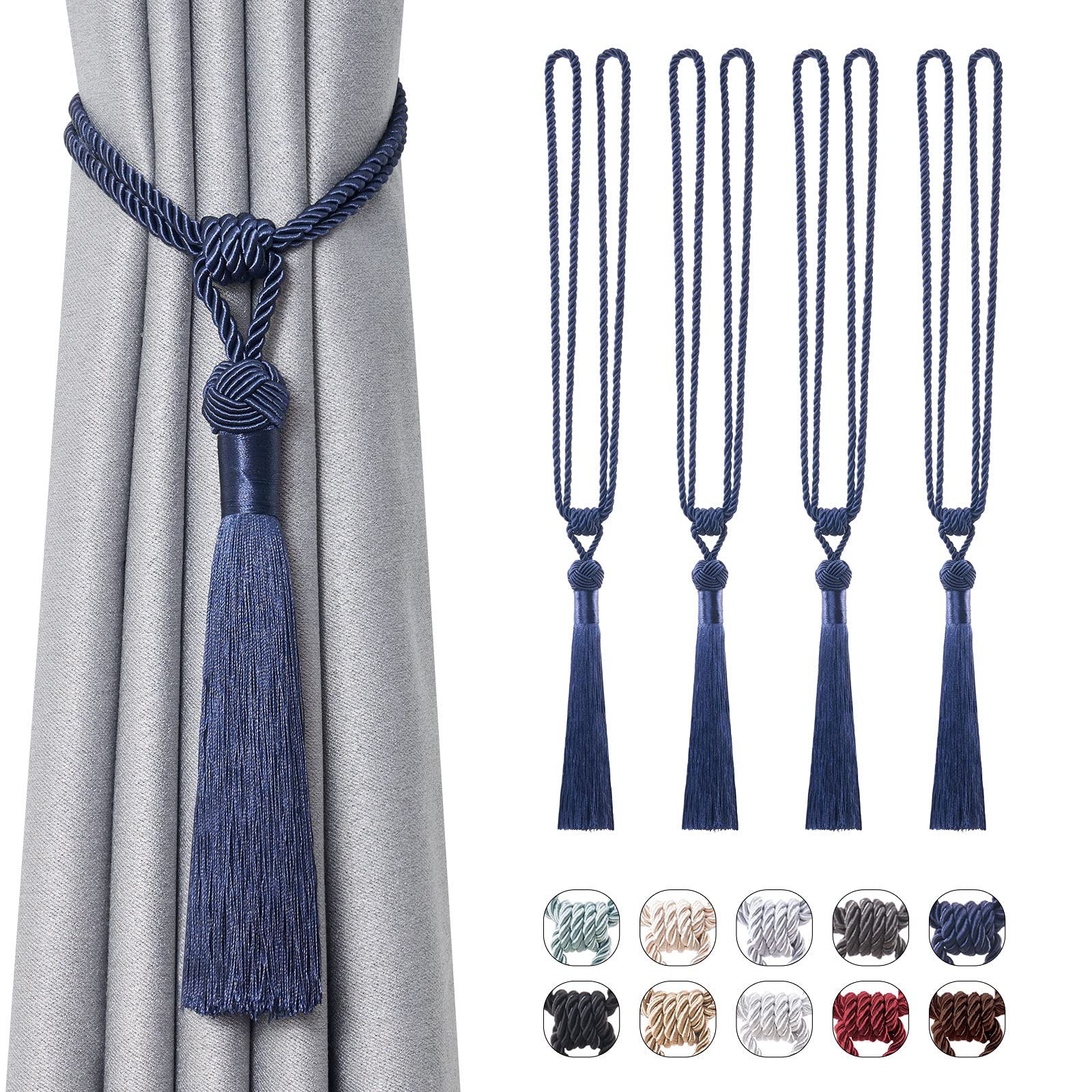 Pretty Jolly 4 Pack Long Tassel Curtain Tiebacks Handmade Braided Rope Knot Drape Tie Backs European Style Decorative Curtain Holdbacks for Home & Office Window Drapery (Dark Blue)