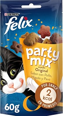 Party Mix Original, Snack, Premio para Gato, Sabor Pollo, Hígado y Pavo, 8 Bolsas de 60 g