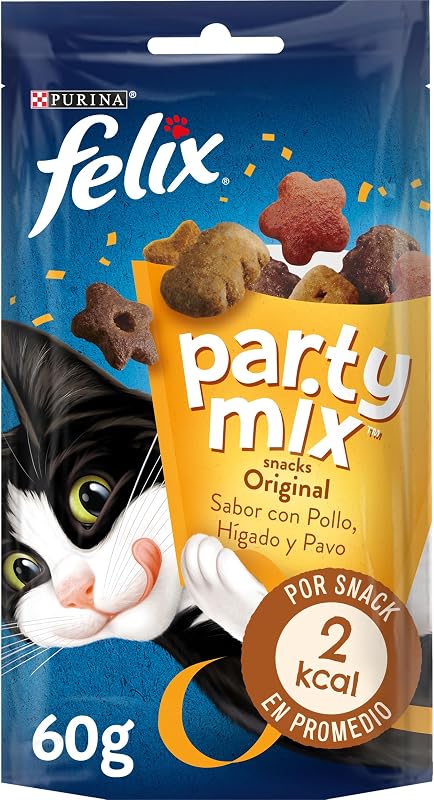Party Mix Original, Snack, Premio para Gato, Sabor Pollo, Hígado y Pavo, 8 Bolsas de 60 g
