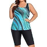 Hanna Nikole Women's Plus Size Tummy Control Tankini Swimsuits Color Block Bathing Suits with Shorts Knee Length