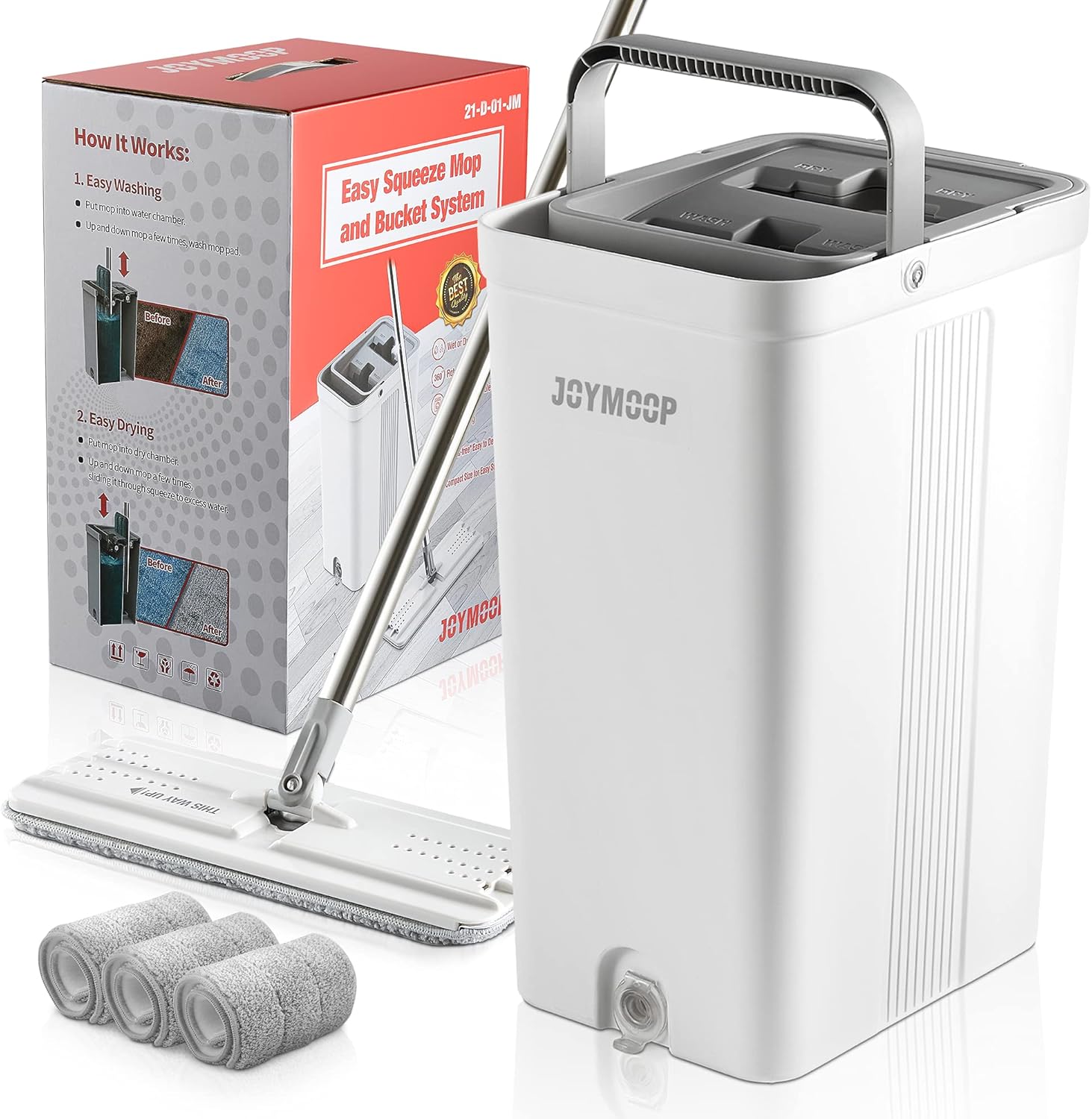 JOYMOOP Squeeze Flat Floor Mop and Bucket Set with 3 Microfiber Mop Pads Refills Easy Self-Wringing Cleaning Mop Bucket, Wet and Dry Mopping Hardwood, Laminate, Tile: Kitchen & Dining