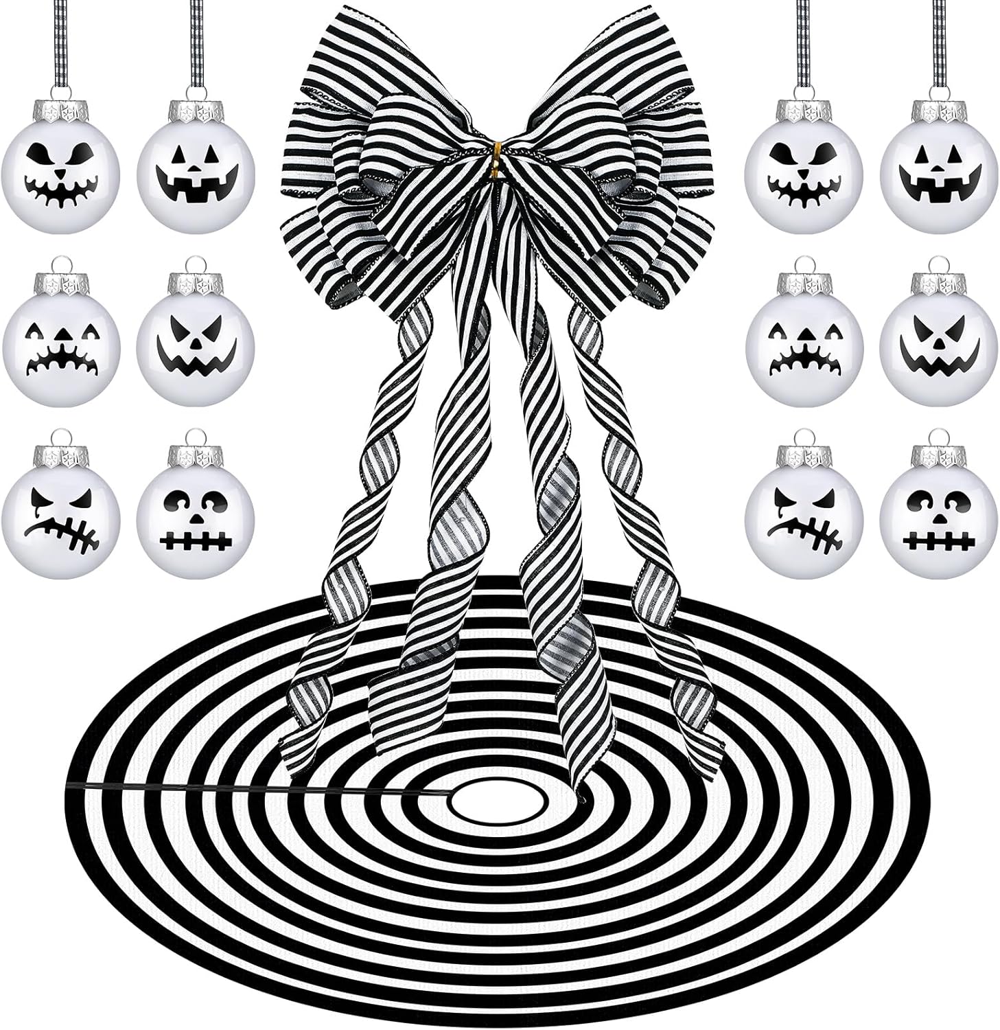 Tree Toppers - Liliful Halloween Christmas Tree Decoration Set Nightmare Christmas Includes Tree Topper Bow Christmas Tree Skirt 12 Pcs Hanging Christmas Halloween Ball Ornaments for Tree Decoration, Black White