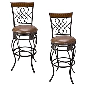 Kira Home Monarch I 30" Swivel Bar Stool, Brown Leatherette Seat Cushion, Scroll Backrest with Real Wood Accent, Old Steel Finish, Set of 2