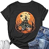 Women's Halloween Shirt: Crewneck Art Patterns Short Sleeve Halloween Party T-Shirt