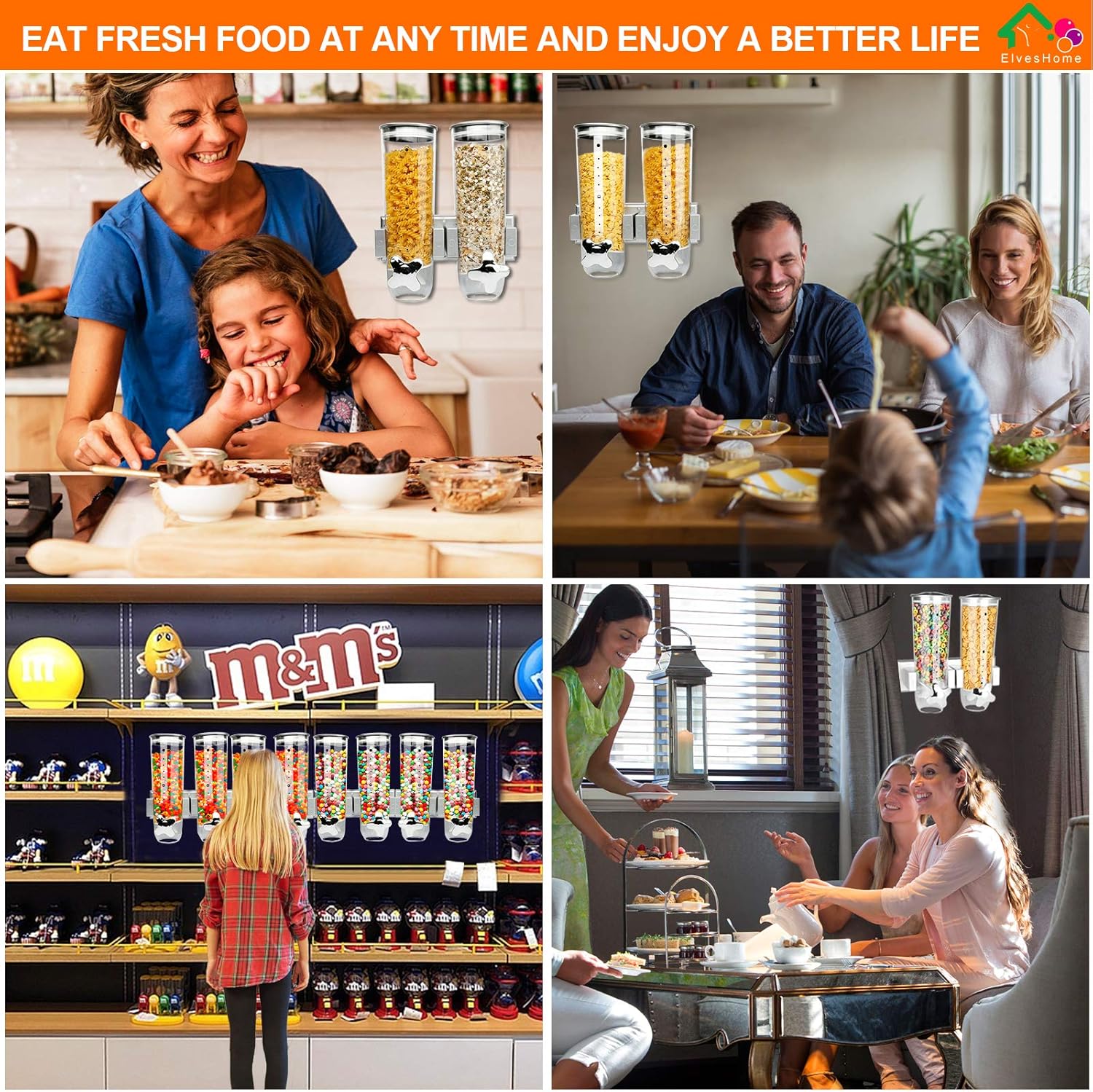 2PK Food Dispenser Wall Mount Double Dry Cereal Dispensers with 2 Cork& 2 Cup Convenient Storage Dual Control for Nuts Coffee Beans Trail Mix Candy Granola Rice Pasta Container 7.5Oz Each Cereals Bank: Kitchen & Dining