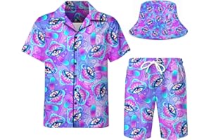 DOOPCCOR Men's 3 Piece Tracksuit Cuban Collared funny Hawaiian Shirt Shorts Button Down Sets With Bucket Hats
