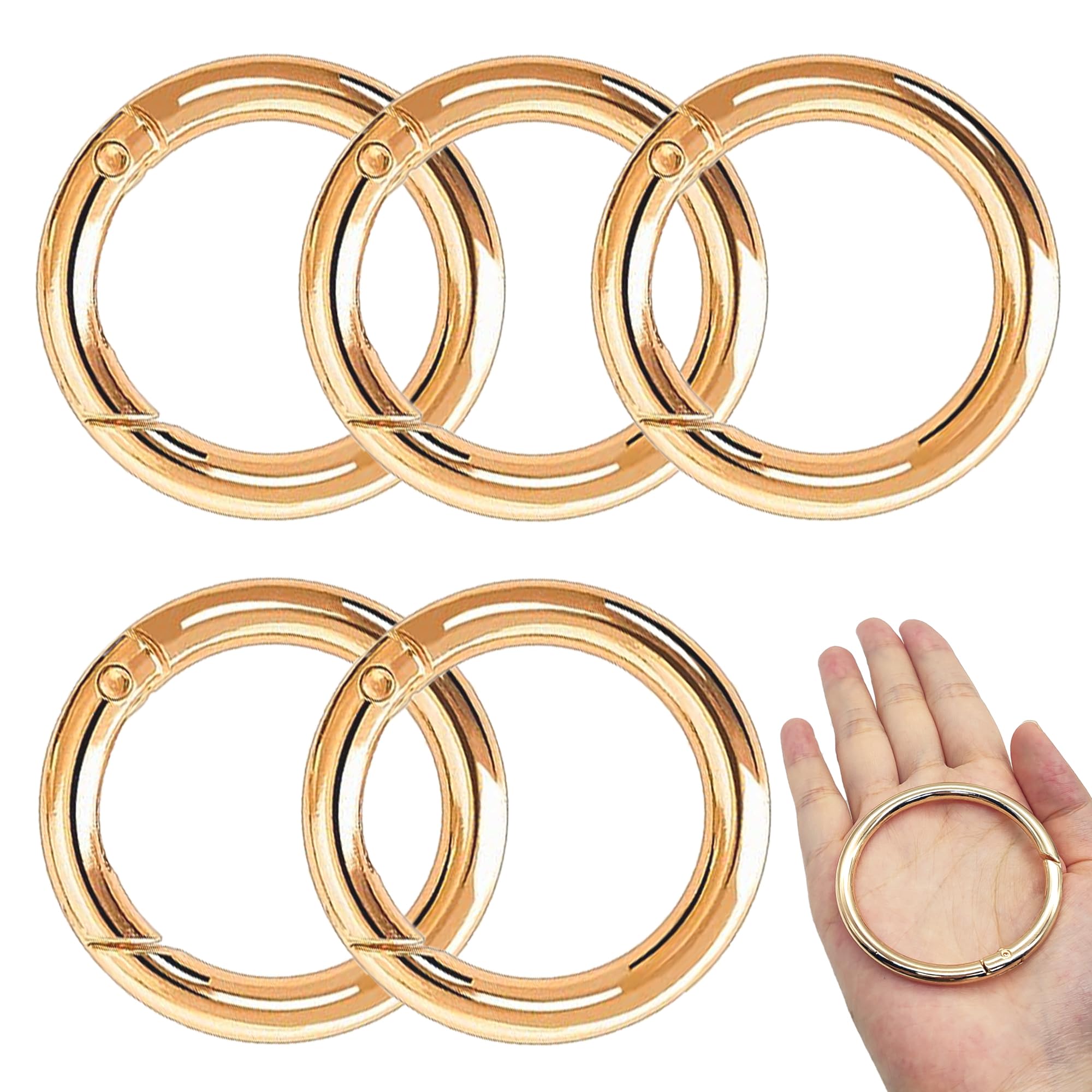XCSJ Pack of 5 Round Carabiner 61 mm OD 50 mm ID Very Robust Zinc Alloy Round Ring Carabiner Hook Round Large Carabiner Round O Ring for Key Chain, Bag, Jewellery, DIY Crafts (Golden)