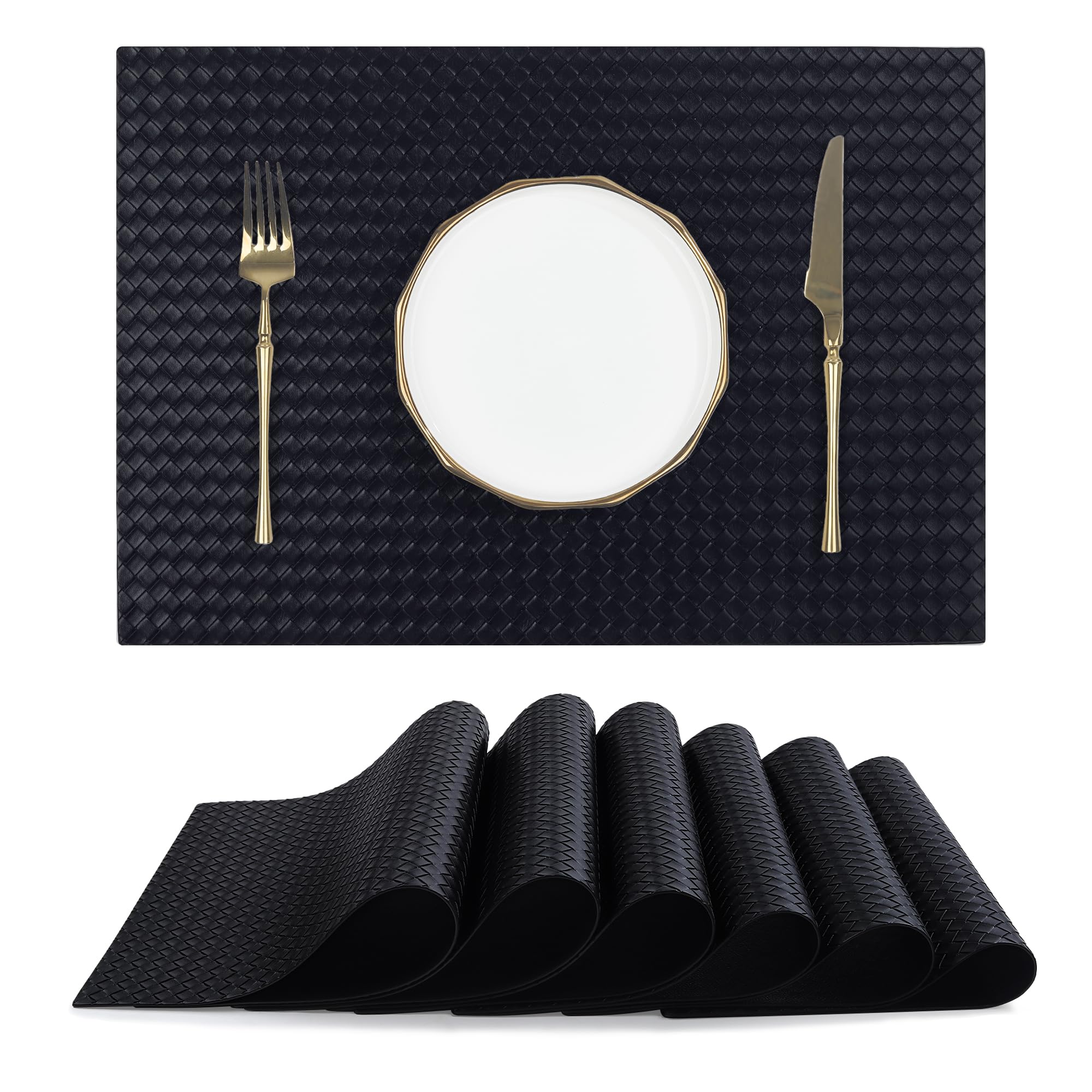 fanquare Black Table Mats Set of 6 Rectangular Faux Leather Placemats Double Sided Woven Heat Resistant Washable Non-Slip Tablemats for Dining Kitchen Table Wedding Party Decoration 43 * 30cm