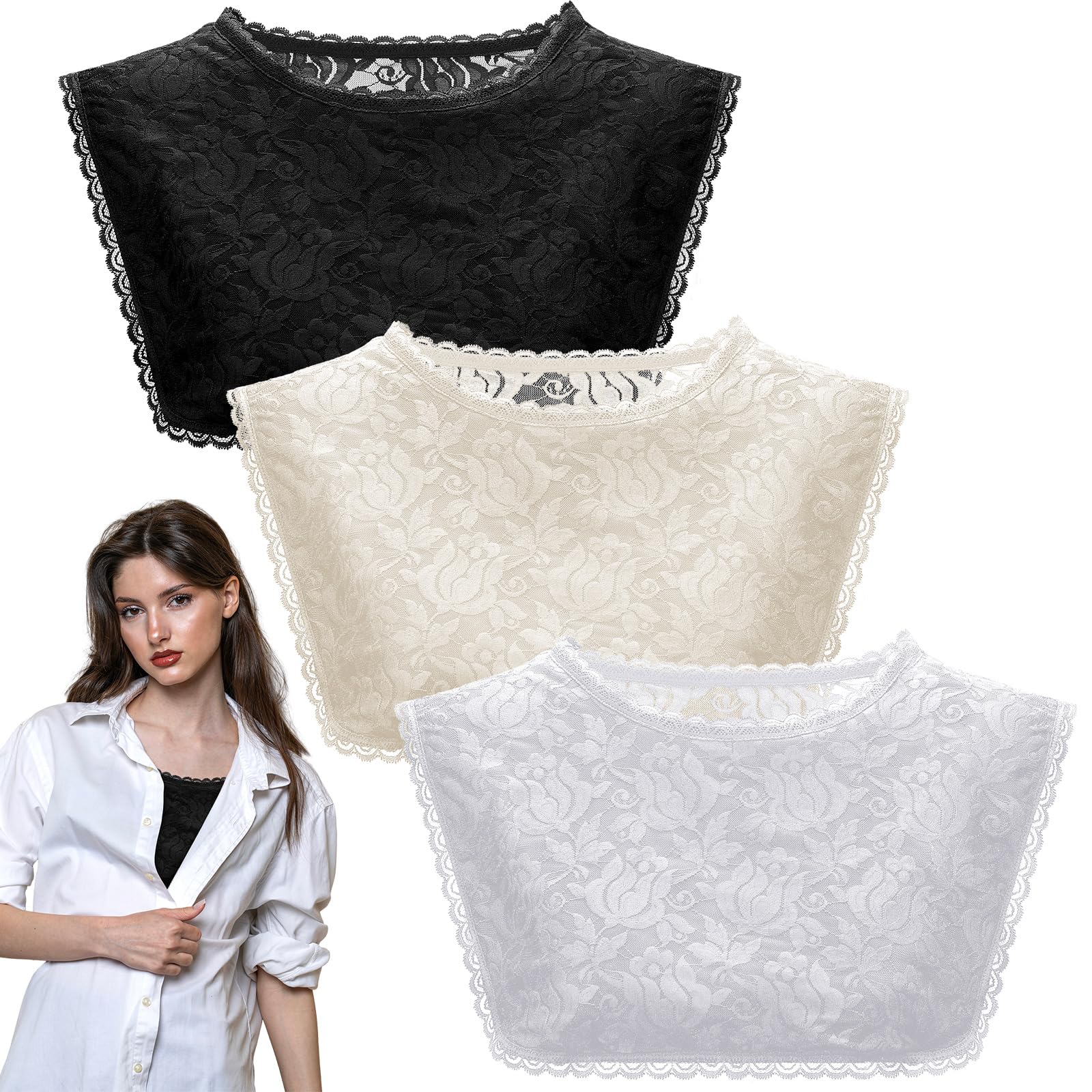 Photo 1 of Skicuff 3 Pieces Lace Cleavage Cover up for Low Neckline Fake Collars for Women Modesty Inserts for Low Cut Dresses Crew Collar Under Blouses Favors