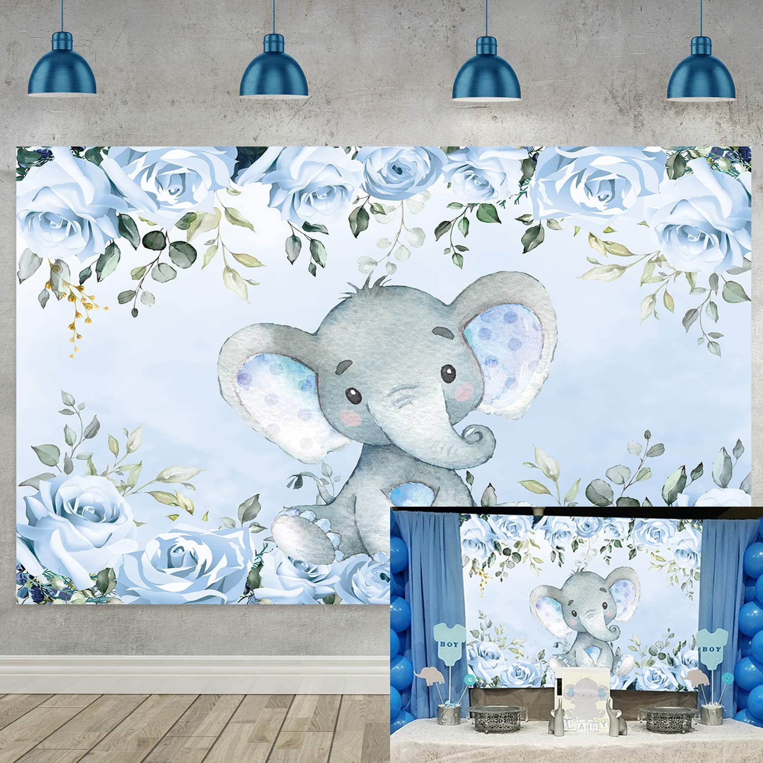 Blue Elephant Baby Shower Backdrop Cute Elephant Photography Background for Boy or Girl Happy Birthday Party Decoration Photo Booth