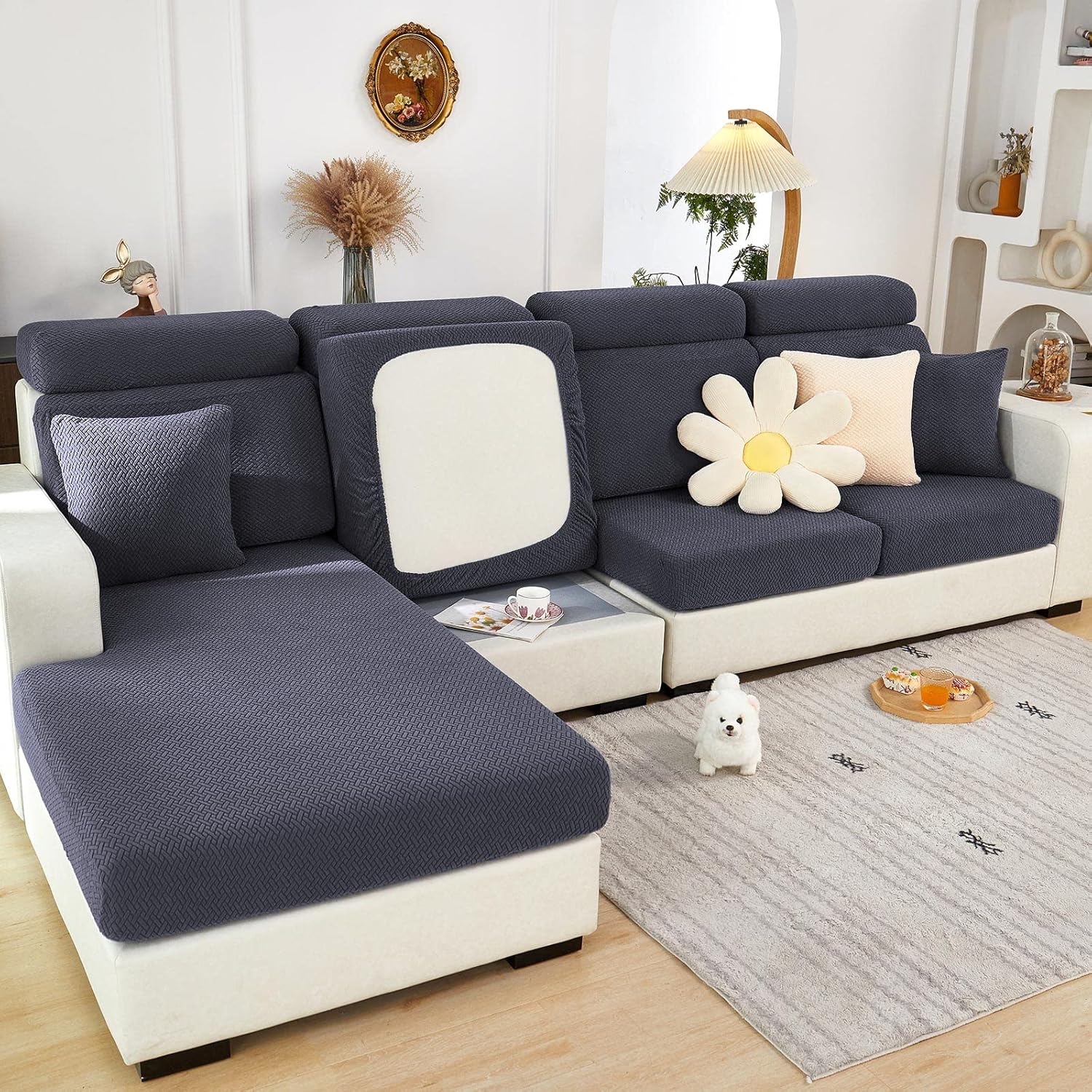 Slipcovers - 2023 New Wear-Resistant Universal Sofa Cover, Stretch Couch Cushion Slipcovers Replacement, Anti-Slip L Shape Sofa Covers, Chaise Lounge Sofa Slipcover (Weave Dark Grey,Large Single Seat Cover)