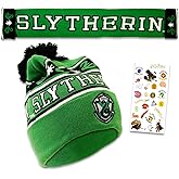Harry Potter Slytherin Hat and Scarf Set for Kids - Hogwarts House Bundle with Slytherin Beanie and Scarf Plus Stickers | Harry Potter Winter Gear