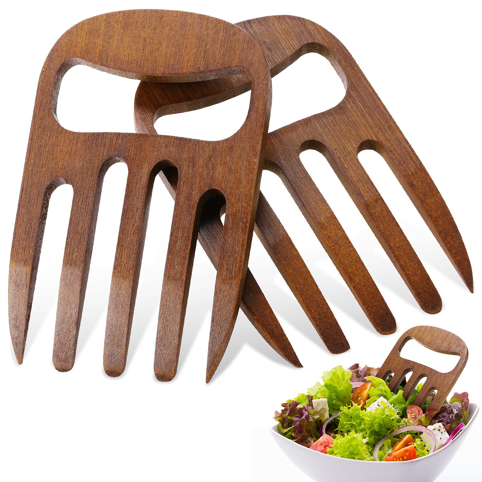 Photo 1 of 2 Pieces Bamboo Salad Hands, Salad Servers Bamboo Serving Hands Latest Gripper Design Salad Claws Set for Serving Salad, Pasta, Fruit on Your Kitchen Counter, 6 Inches (Coffee)