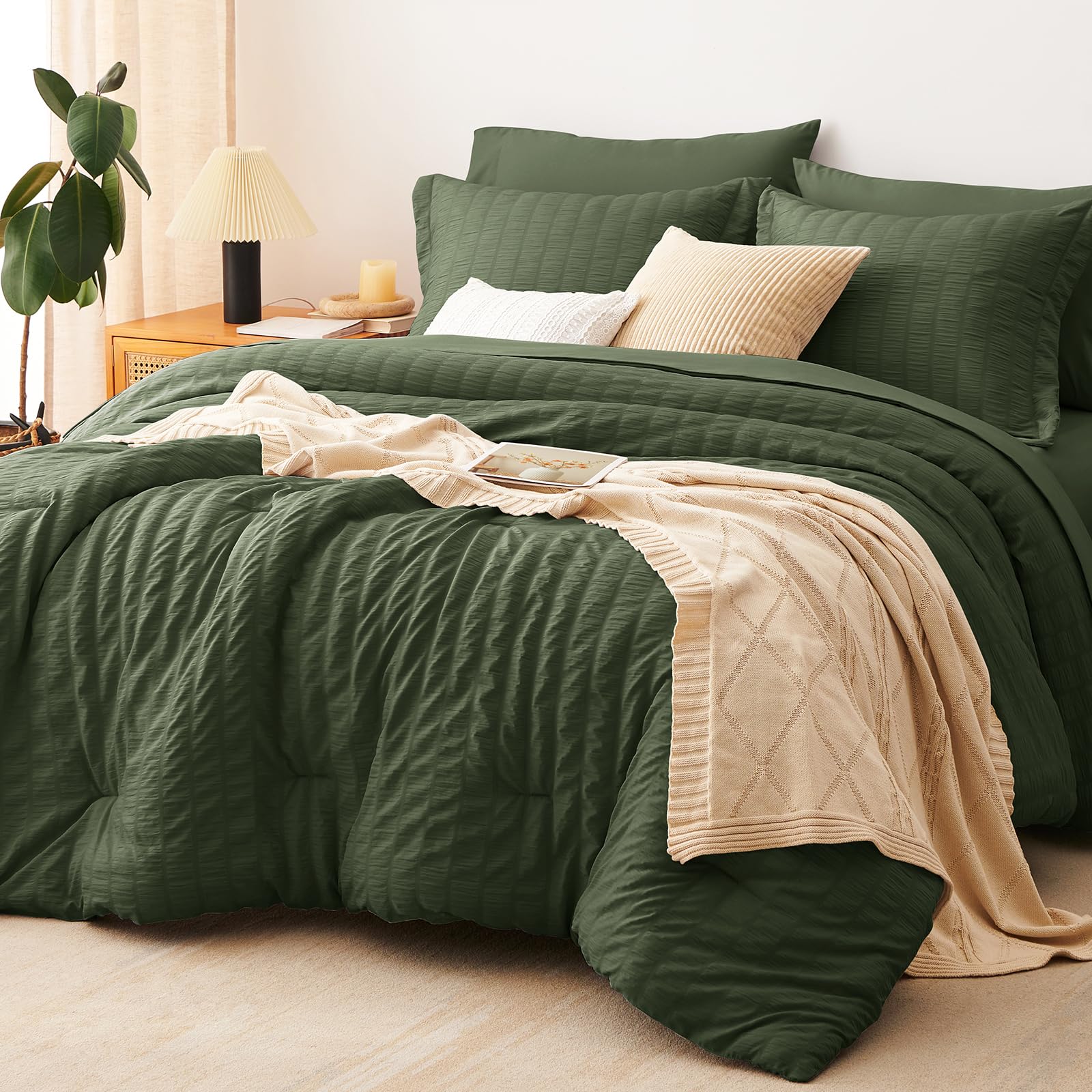 Photo 1 of CozyLux Oversized King Comforter Set Olive Green Seersucker 7 Pieces Bed in a Bag King Comforter Set with Sheets, Luxury Soft Bedding Set with Down Alternative Comforter, Sheets, Pillowcases & Shams