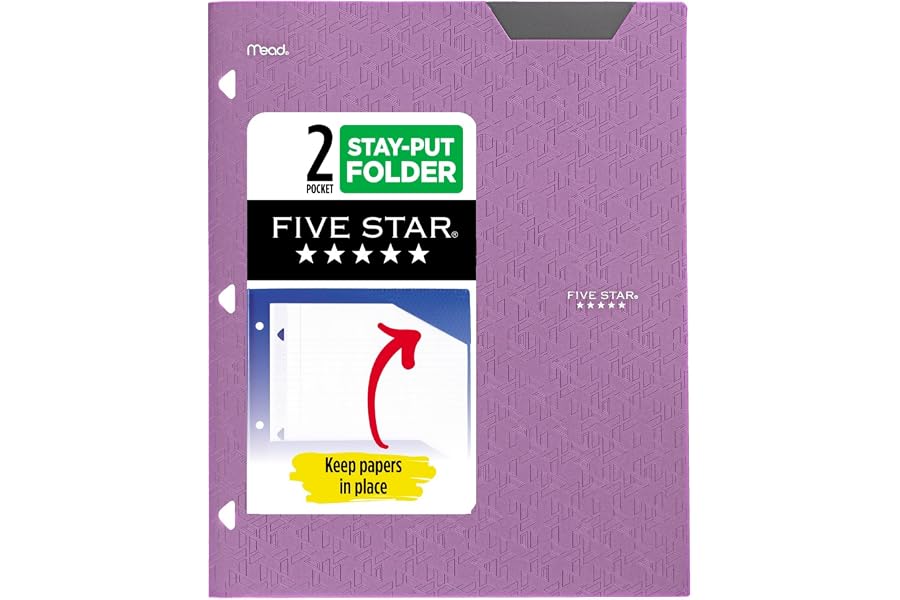 Five Star 2-Pocket Folder, Plastic Folder with Stay-Put Tabs, Fits 3-Ring Binder, Holds 8-1/2" x 11" Paper, Amethyst Purple (333420I-ECM)