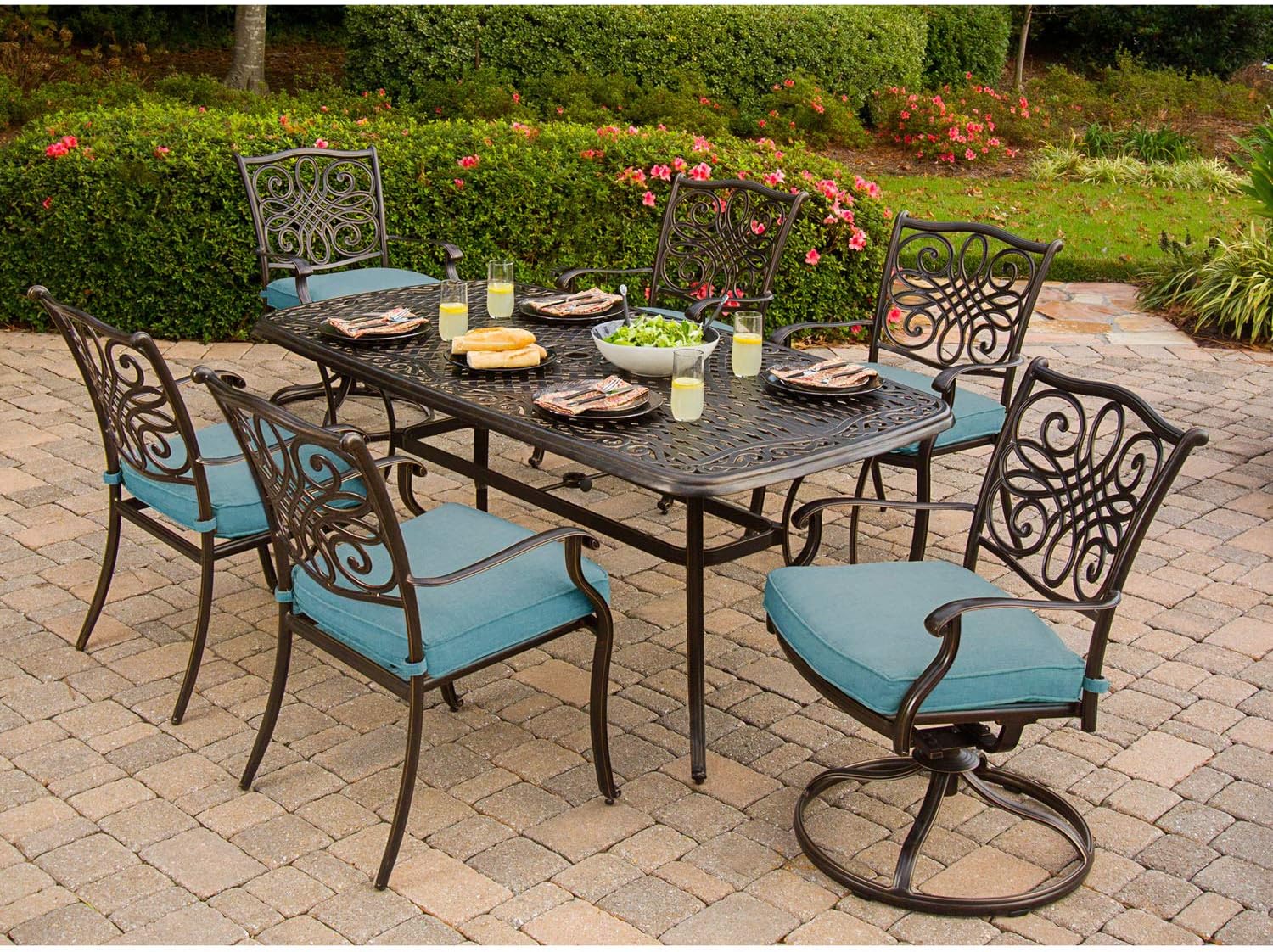 Hanover Traditions 7-Piece Outdoor Dining Set with Rust-Resistant Aluminum Dining Table, 4 Elegant Dining Chairs and 2 Swivel Rockers with Blue Cushions, Patio Dining Set for 6