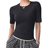 YUCOLEN Womens Tops Dressy Casual Crew Neck Short Sleeve T Shirts Elbow Length Going Out Tops