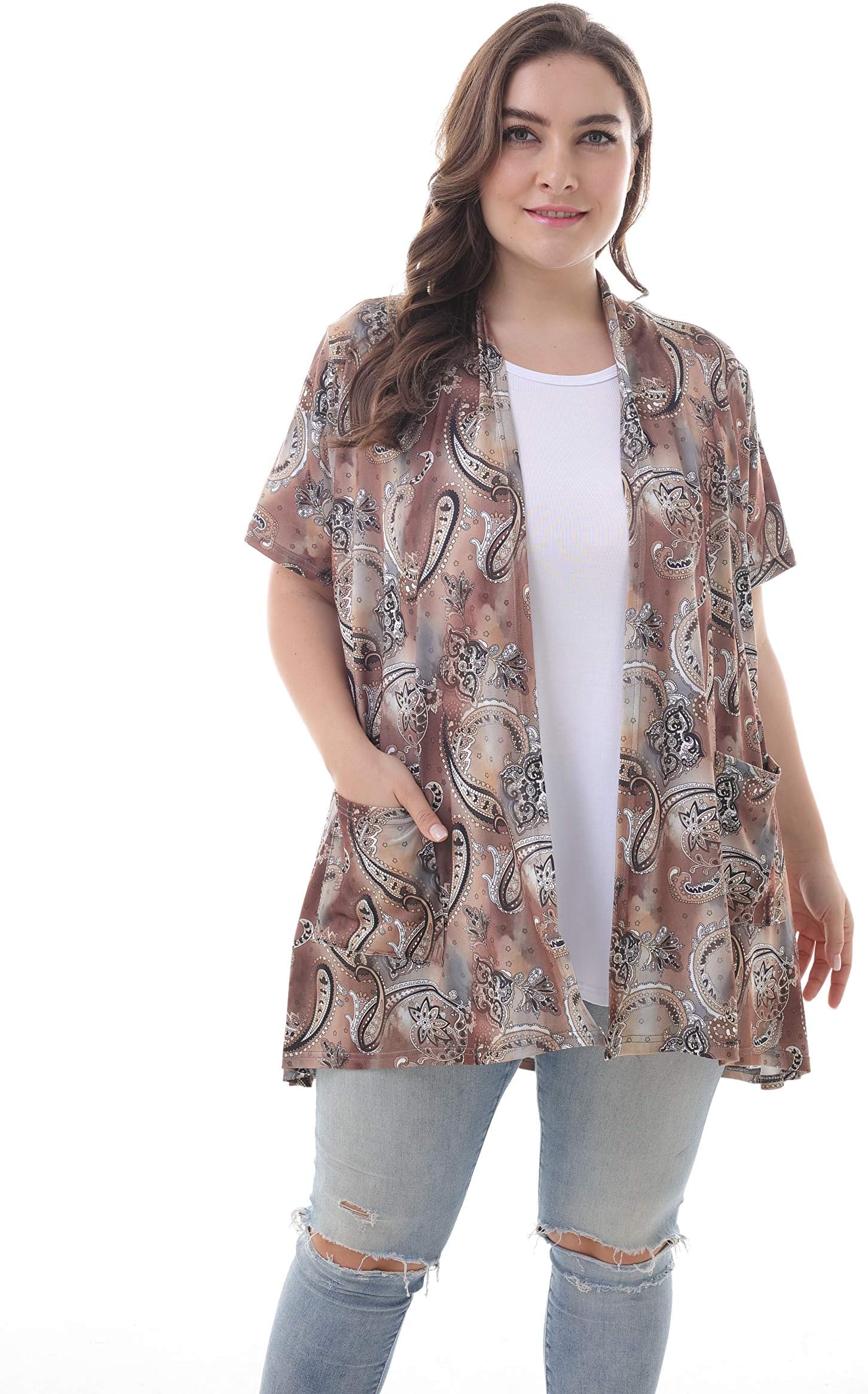 ZERDOCEAN Women's Plus Size Cardigan Lightweight Soft Printed Blouse with Pockets Short Sleeve 3/4 Sleeve.