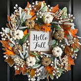 24 inch Thanksgiving Fall Wreath, Autumn Harvest Wreaths for Front Door | Eucalyptus Berries Pumpkins Lamb Ears Leaves , Fall Decor, Porch Wall, Home Outdoor Holiday Decorations Wreath for Autumn