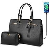 Laptop Tote Bag for Women, Large Waterproof PU Leather Work Briefcase with USB Charging Port Casual Computer Shoulder Bag Mes